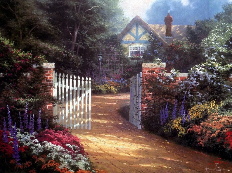 温馨田园风景油画.出自-Thomas Kinkade.通过他的画笔，对美丽的大自然风光诠释另一种属于家乡的情怀，因而对异乡也产生了一种认同的情愫.