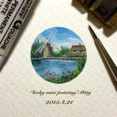 lucky mini painting】Day4.21 迷你画～27*27mm 尺寸再小细节也不能少，最喜欢看到风车的景色～ 快乐和幸福说到底是心底里的一种安闲与宁静～我们绝不要错过眼前的美景和幸福！早安