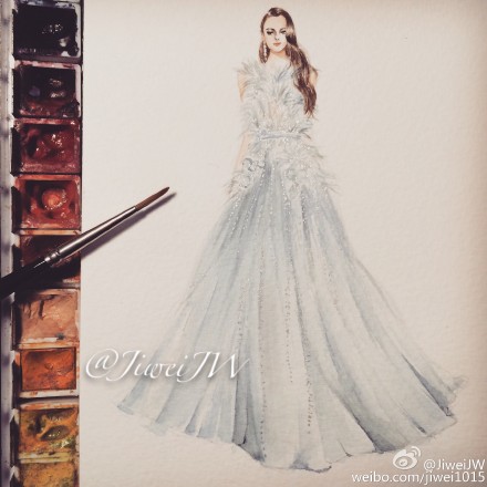 #JiweiJW手绘#~#ELIE SAAB 2015 Spring Couture# “含笑出帘，月香满袖，天雾萦身” ~~裙纸~~