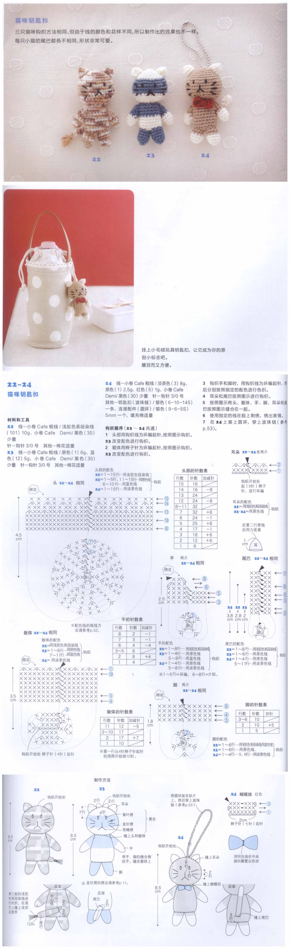 三只可爱的小猫咪，钩织方法是一样的，因为线的颜色和花样不同，成品看起来就不一样。 #钩织图解#