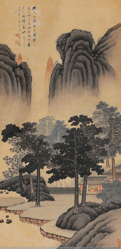 张崟 ：字宝厓（一作宝岩），号夕庵，晚号且翁。所居曰饮淥草堂,丹徒（今江苏镇江）人。贡生。自坤子，与从兄铉俱以诗画著名。花卉、竹石、佛像皆工，而尤擅山水。幼年见同邑潘恭寿画仿文征明，悦而效之；既而改宗沈…