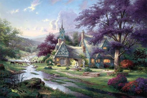 温馨田园风景油画.出自-Thomas Kinkade.通过他的画笔，对美丽的大自然风光诠释另一种属于家乡的情怀，因而对异乡也产生了一种认同的情愫.