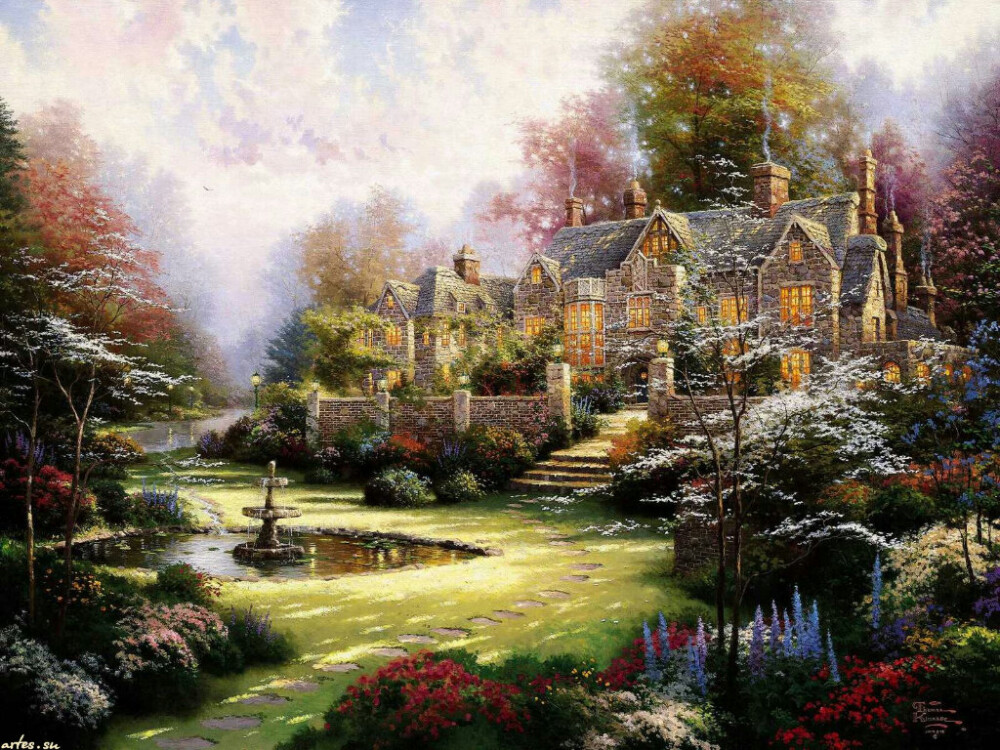 温馨田园风景油画.出自-Thomas Kinkade.通过他的画笔，对美丽的大自然风光诠释另一种属于家乡的情怀，因而对异乡也产生了一种认同的情愫.