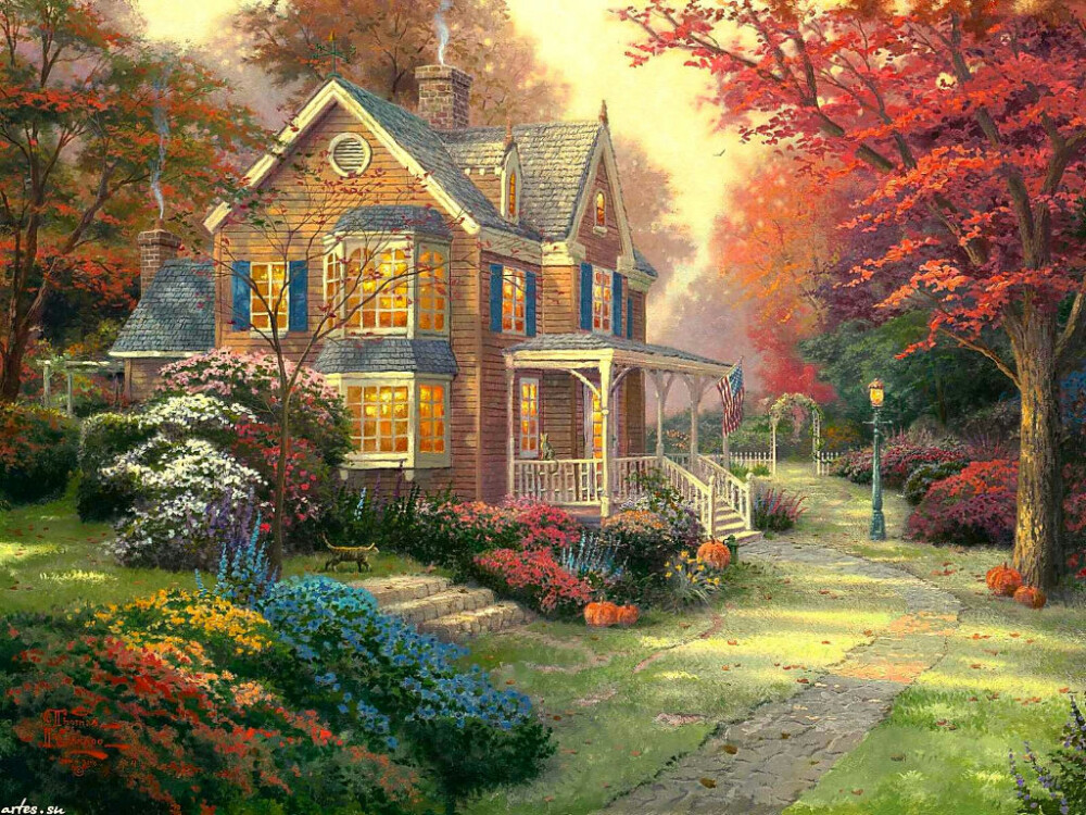 温馨田园风景油画.出自-Thomas Kinkade.通过他的画笔，对美丽的大自然风光诠释另一种属于家乡的情怀，因而对异乡也产生了一种认同的情愫.