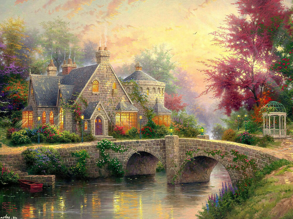 温馨田园风景油画.出自-Thomas Kinkade.通过他的画笔，对美丽的大自然风光诠释另一种属于家乡的情怀，因而对异乡也产生了一种认同的情愫.