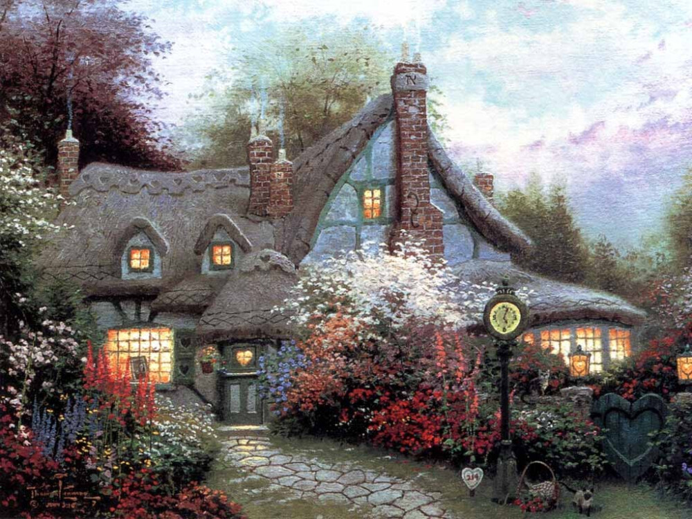 温馨田园风景油画.出自-Thomas Kinkade.通过他的画笔，对美丽的大自然风光诠释另一种属于家乡的情怀，因而对异乡也产生了一种认同的情愫.