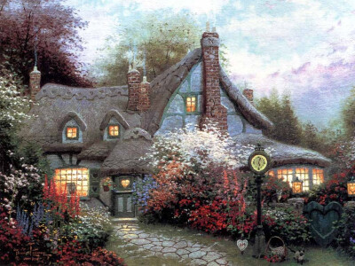 温馨田园风景油画.出自-Thomas Kinkade.通过他的画笔，对美丽的大自然风光诠释另一种属于家乡的情怀，因而对异乡也产生了一种认同的情愫.