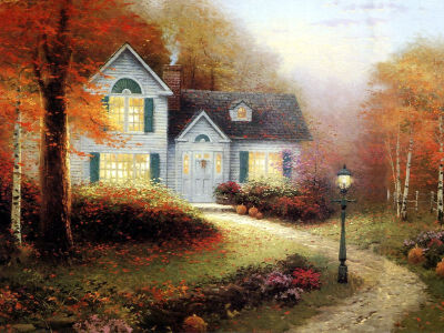 温馨田园风景油画.出自-Thomas Kinkade.通过他的画笔，对美丽的大自然风光诠释另一种属于家乡的情怀，因而对异乡也产生了一种认同的情愫.