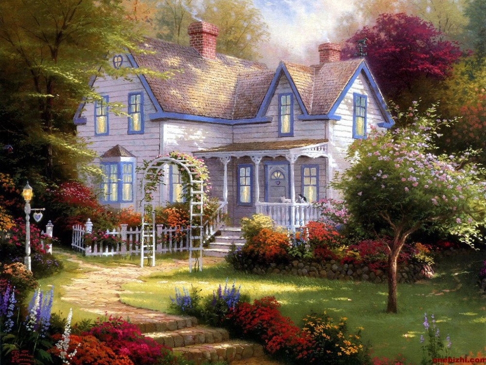 温馨田园风景油画.出自-Thomas Kinkade.通过他的画笔，对美丽的大自然风光诠释另一种属于家乡的情怀，因而对异乡也产生了一种认同的情愫.