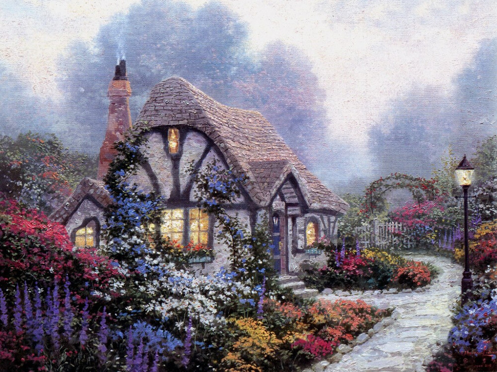 温馨田园风景油画.出自-Thomas Kinkade.通过他的画笔，对美丽的大自然风光诠释另一种属于家乡的情怀，因而对异乡也产生了一种认同的情愫.