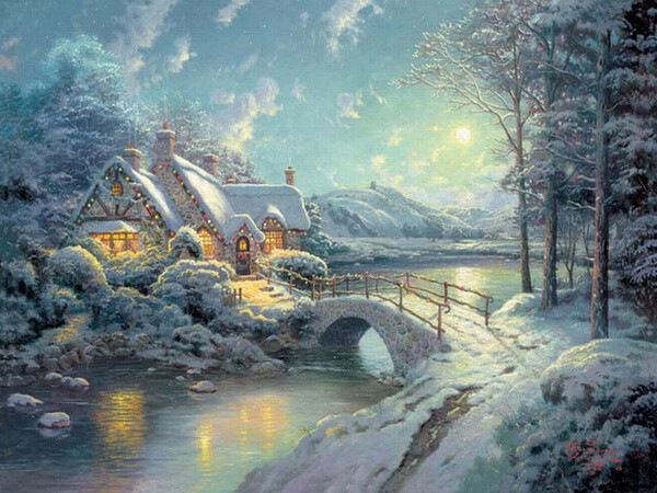 温馨田园风景油画.出自-Thomas Kinkade.通过他的画笔，对美丽的大自然风光诠释另一种属于家乡的情怀，因而对异乡也产生了一种认同的情愫.