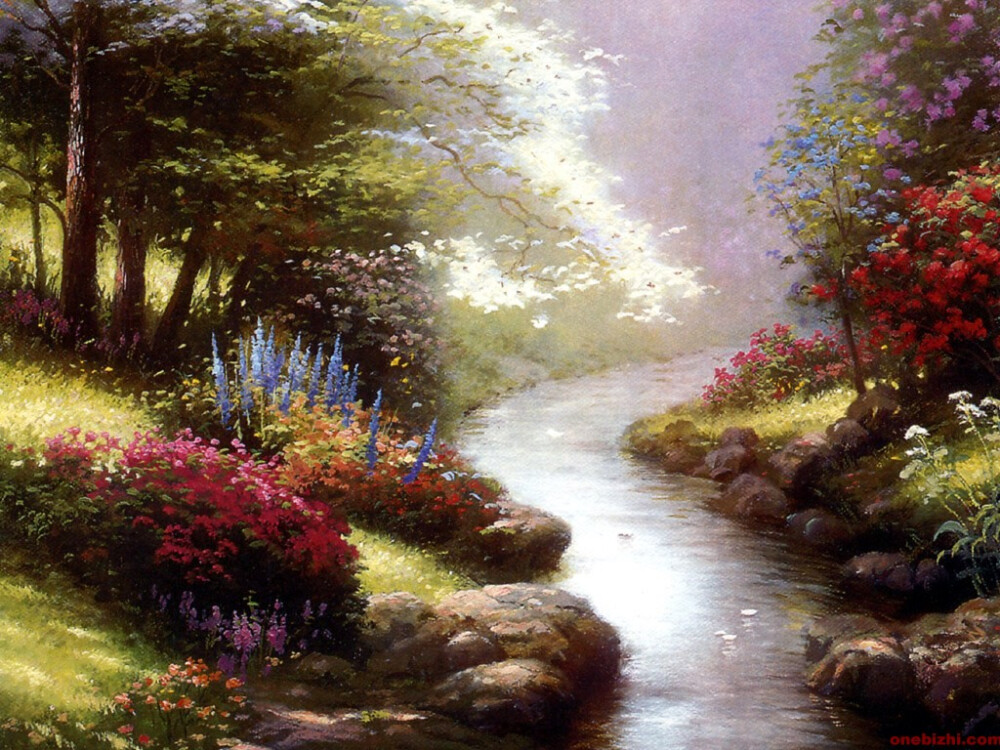 温馨田园风景油画.出自-Thomas Kinkade.通过他的画笔，对美丽的大自然风光诠释另一种属于家乡的情怀，因而对异乡也产生了一种认同的情愫.