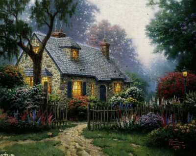 温馨田园风景油画.出自-Thomas Kinkade.通过他的画笔，对美丽的大自然风光诠释另一种属于家乡的情怀，因而对异乡也产生了一种认同的情愫.