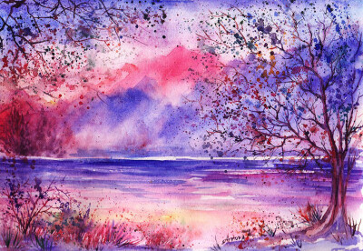 Colorful Watercolor Paintings of Radiant Trees in Nature --乌克兰 Anna Armona