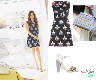 Fendi: Printed Dress @ mytheresa.com €1,475 Bejewelled Sandals @ farfetch.com $1,150 Mini Peekaboo @ fendi.com (Price upon application)