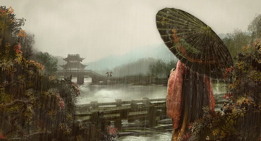 潇洒小姐【立于風中的Elsa】红衣廊桥湖泊下雨 油纸伞 雨伞 诗情画意 古典中国风复古古装背影江湖 黑发长发直发 插图插画绘画手绘水粉 静物 唯美温暖背景头像朦胧 男生女生 简洁 墨 古筝古琴