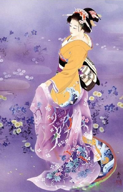 #亲爱的艺术#来自日本女艺术家Haruyo Morita的作品,画家对于发源自江户时代初期的「歌舞伎」文化颇有研究，画中女子无一不身着华服，繁花中姿态曼妙。[心]