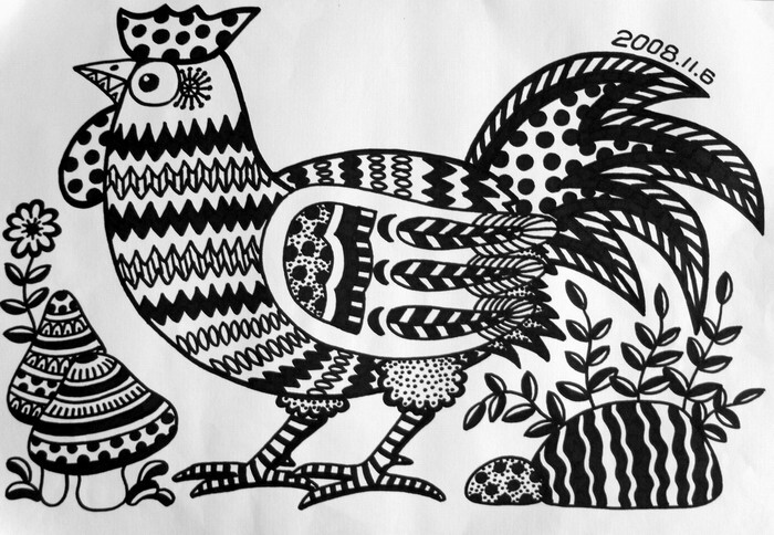 大公鸡，黑白画