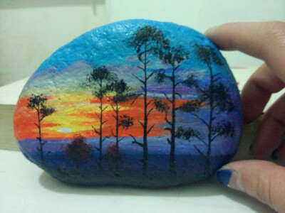 石头画，夕阳