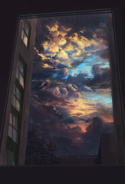 「夕焼け」/「幻想絵風」のイラスト，油画天空，云海，风景场景插画