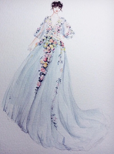【笔尖时尚】手绘礼服 手绘插画 素材 时装 南国有佳人 遗世而独立 范冰冰 戛纳电影节红毯