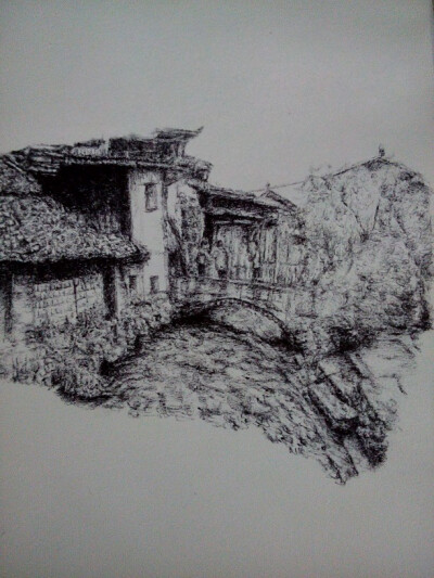 黑色，圆珠笔画，丽江。