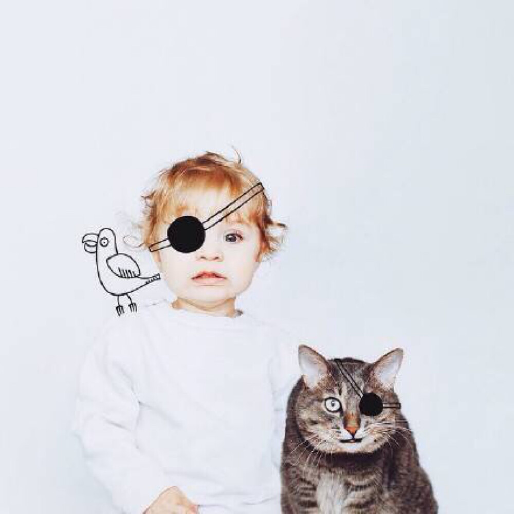 女孩和猫咪的涂鸦头像