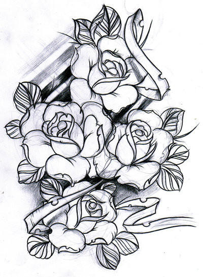 玫瑰花臂线条设计欧美玫瑰