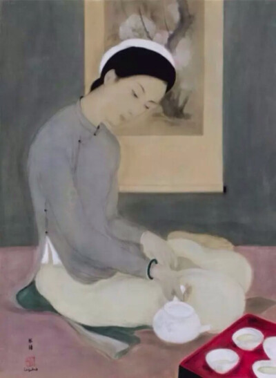 图为越南画家黎谱（1907-2001）的作品《倒茶的优雅女子》。时间仍旧在继续，不依任何人而流逝，亦不会因任何人而停止