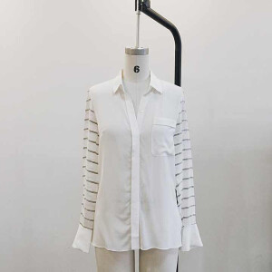 RR两种真丝拼接镶银丝条纹白色长袖衬衫