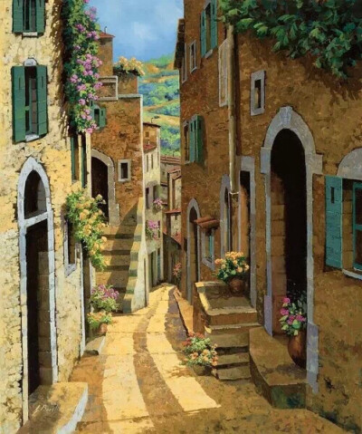【午后的阳光，熟悉的街道】--Guido Borelli 欧洲风景油画
