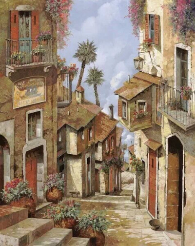 【午后的阳光，熟悉的街道】--Guido Borelli 欧洲风景油画