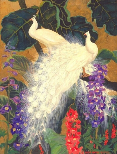 美国画家Jessie Arms Botke杰西·阿姆斯·波特克（1883-1971）出生在芝加哥。Jessie的绘画风格大气典雅，细腻动人，颇有东方工笔画的韵味，她本人称自己为装饰画家。Jessie非常喜欢绘制鸟类，尤其是孔雀。