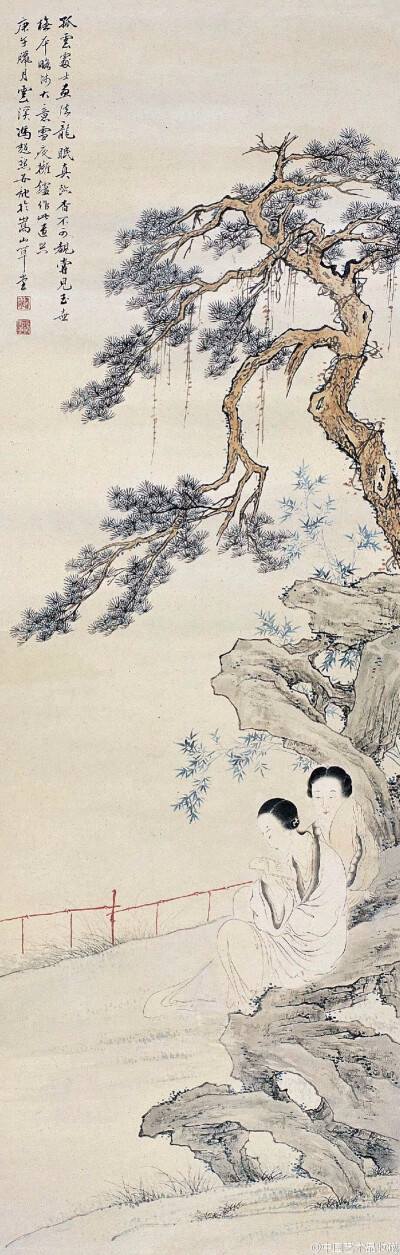 #海上四家#【 冯超然 《松阴仕女图》 】立轴，纸本设色，132×42.5cm，1930年作。 款识：“孤云处士画法龙眠真迹，杳不可覩。甞见玉壶橅本，略师大意，雪夜拥炉，作此遣兴。庚午腊月，云溪冯超然并记于嵩山草堂。”