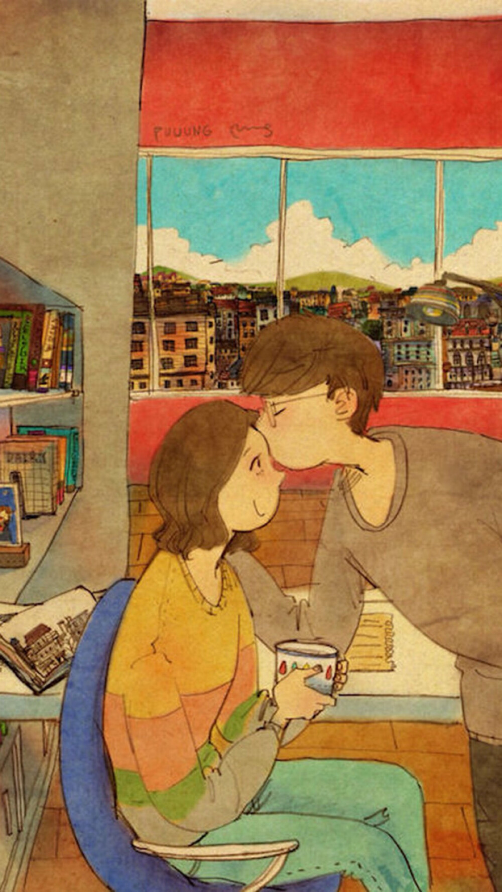 韩国插画师puuung的暖心爱情故事插画 壁纸 뽀뽀(Kiss)More powerful pick-me-up drink than any other ones.