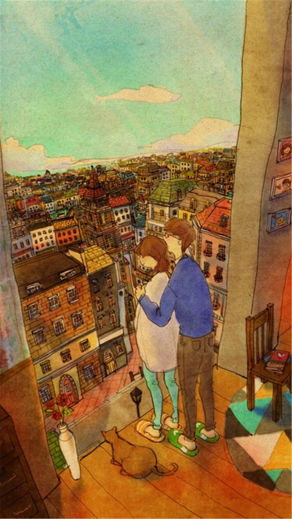 韩国插画师puuung的暖心爱情故事插画 壁纸 창 밖을 바라보며(Gazing out the window)We looked out the window together. It is not only me and you who are in this world. We are here in this beautiful world together!