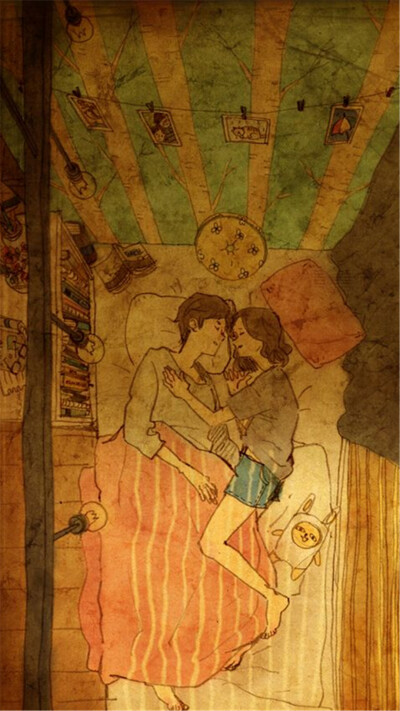 韩国插画师puuung的暖心爱情故事插画 壁纸 아침 해가 떴는데도(Even though the morning sun)Let's stay in bed.