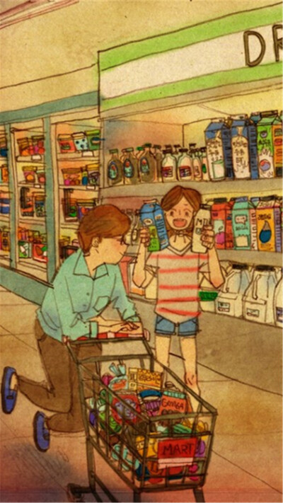 韩国插画师puuung的暖心爱情故事插画 壁纸 장보기(Going on a grocery shopping)Which one should I get?