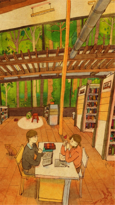 韩国插画师puuung的暖心爱情故事插画 壁纸 숲속의 도서관(Library in the woods )Reading books in a library in the woods. I just want to play with you when you are around. I love you so much sweetie :).