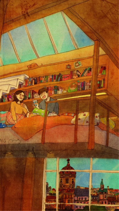 韩国插画师puuung的暖心爱情故事插画 壁纸 편안한 대화(Comfortable conversation)Sharing talks on cozy beddings while having some snacks.