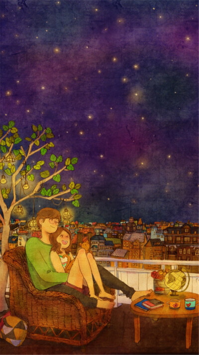 韩国插画师puuung的暖心爱情故事插画 壁纸 별을 구경해요(Stargazing)sitting on the terrace, gazing at the stars.