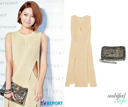 Stella McCartney: Cutout Ribbed-Knit Cotton Midi Dress @ net-a-porter.com £473 Falabella Metallic Faux Fur Chain Clutch @ saksfifthavenue.com (Price upon application)