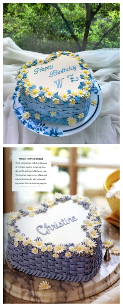 晨风爱家的蛋糕——我心仪已久的花篮小雏菊蛋糕。原版的小花在苗苗的建议下改成了蓝色叶子。