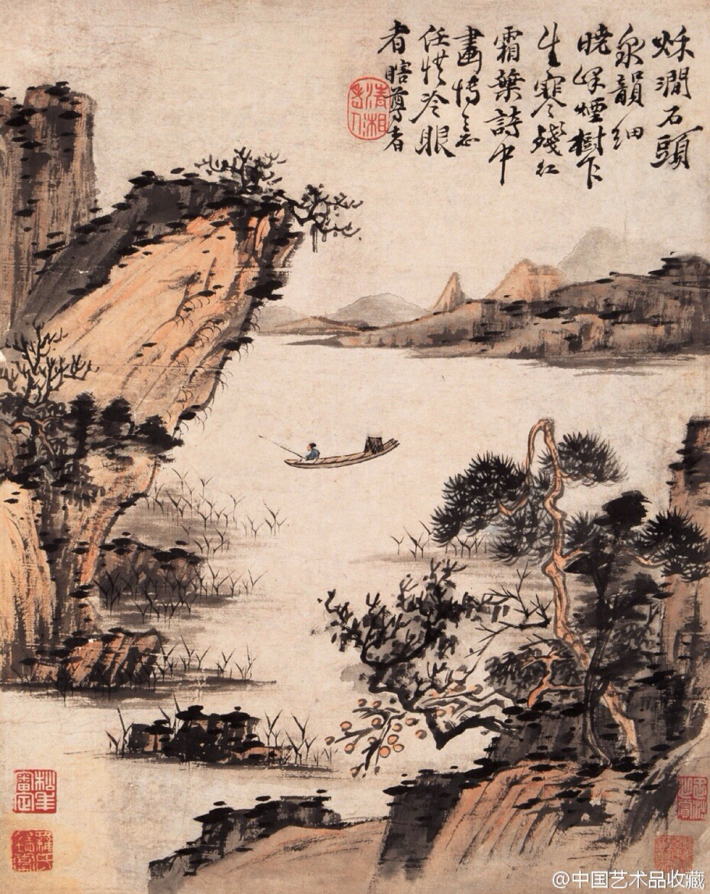 【 清 石涛 《山霁泉清》 】石涛作画构图新奇，无论是黄山云烟，江南水墨，还是悬崖峭壁，枯树寒鸦，或平远、深远、高远之景，都力求布局新奇，意境翻新。他尤其善用“截取法”以特写之景传达深邃之境。他笔情恣肆，淋漓洒脱，不拘小处瑕疵，作品具有一种豪放郁勃的气势，以奔放之势见胜。