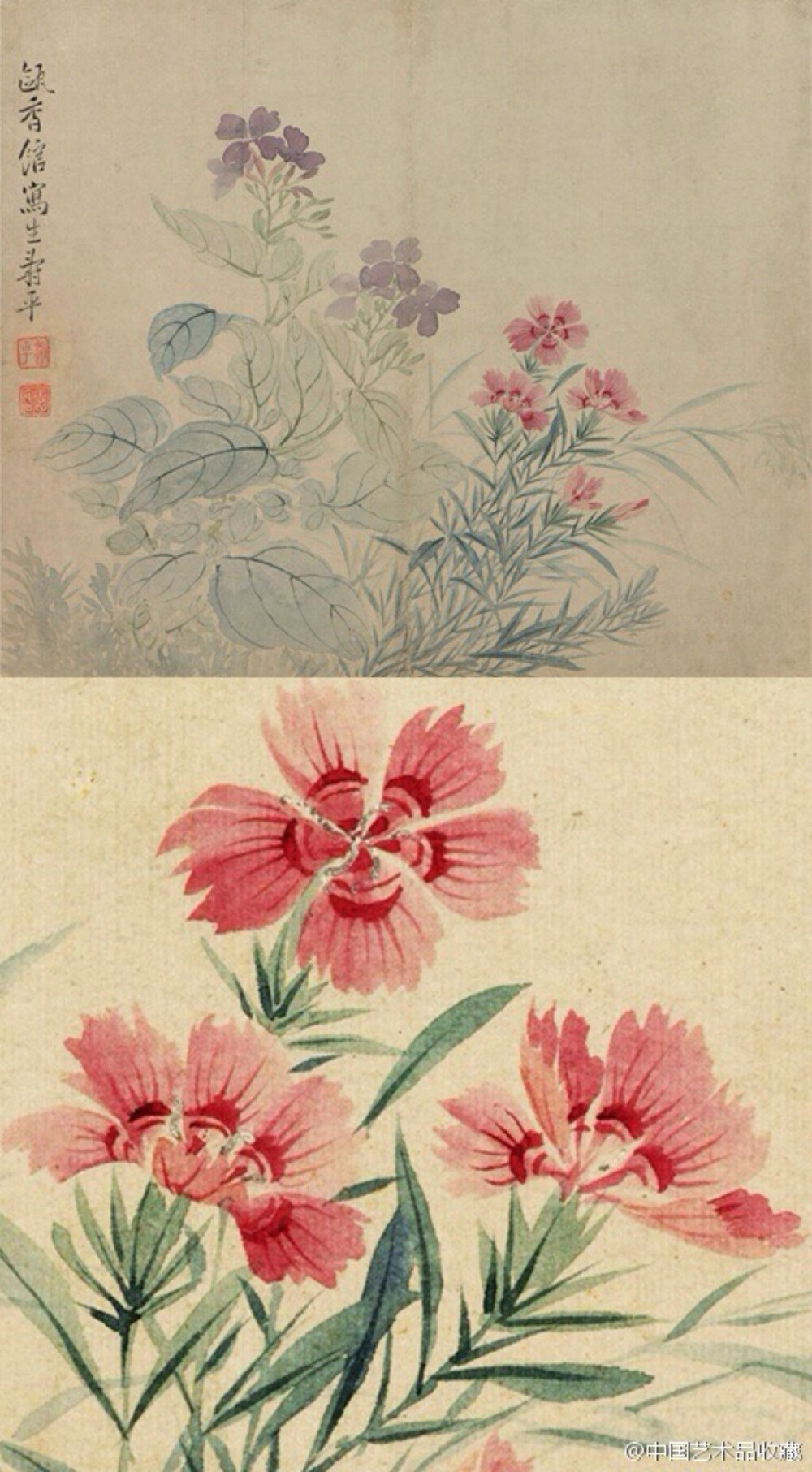 【 清 恽寿平 《花卉图册》 】册页（共六开），纸本设色，24.5×29.3cm×6，纳尔逊美术馆藏。 多为没骨画法，绘桃花、竹石、梨花、豆花石竹、桂花、岁寒三友，南田花卉形神兼备，敷色纯朴素雅，笔墨粗细浓淡相宜，流露出清新高雅的气质。