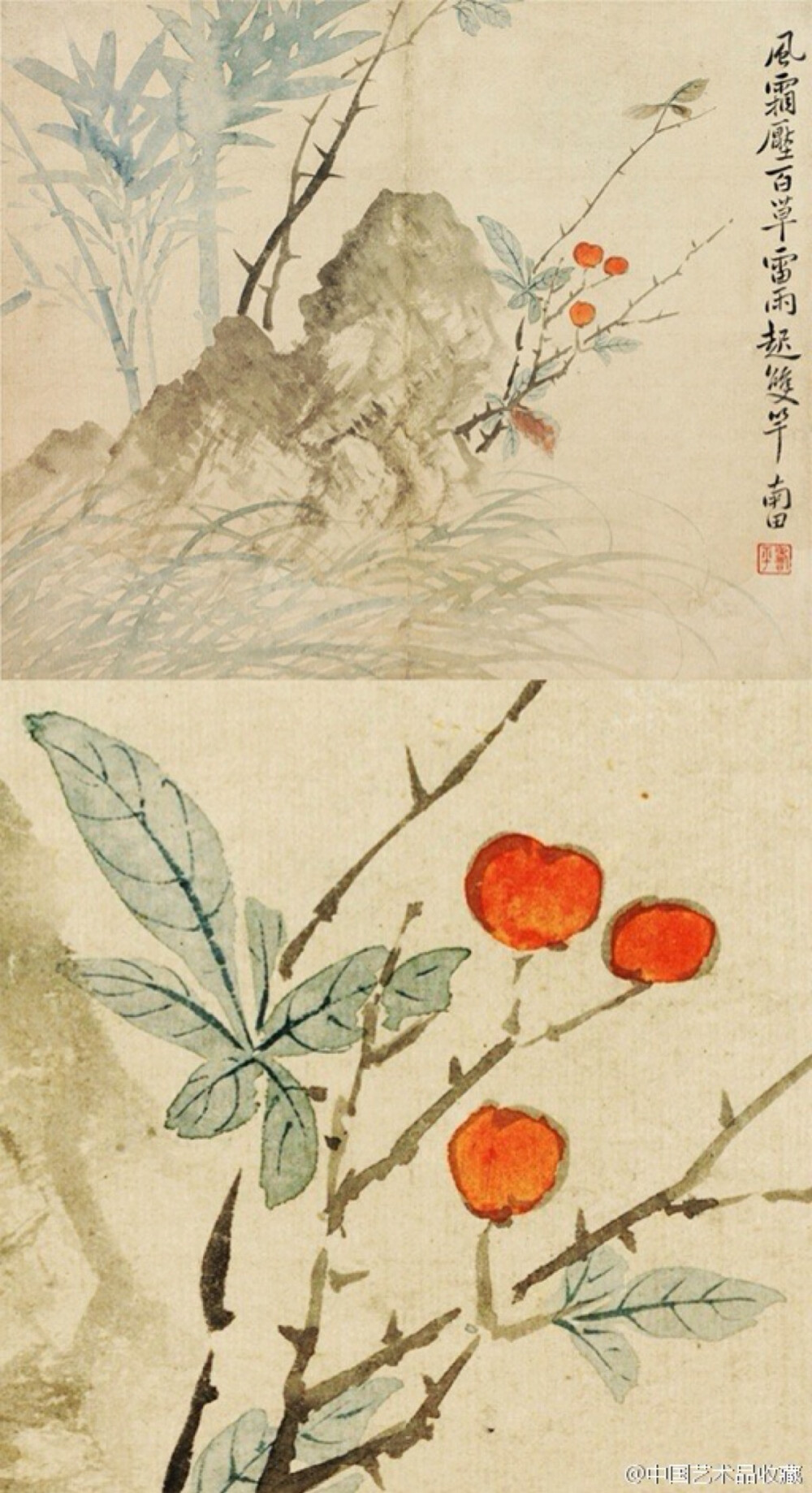 【 清 恽寿平 《花卉图册》 】册页（共六开），纸本设色，24.5×29.3cm×6，纳尔逊美术馆藏。 多为没骨画法，绘桃花、竹石、梨花、豆花石竹、桂花、岁寒三友，南田花卉形神兼备，敷色纯朴素雅，笔墨粗细浓淡相宜，流露出清新高雅的气质。