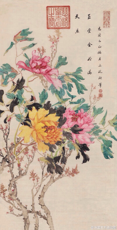 【 清 慈禧 《天香满堂》 】镜心，绢本设色，121×60.5cm，1905年作。 款识：“玉堂金粉满天香。光绪乙巳桃月上浣，御笔。”
