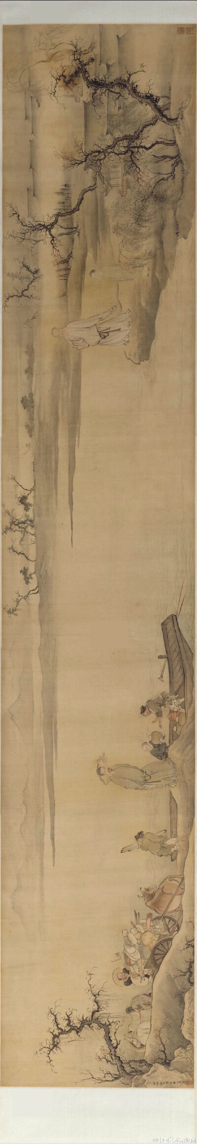 【 清 禹之鼎（传）《移居图》】卷，绢本设色，42.5×232.8cm，1704年作，北京故宫博物院藏。此幅像主待考。图中送行人临岸伫立，面目温和，含笑颔首；出行人当船而立，面容消瘦坚毅，神情惆怅。人物面部刻画精准细腻…