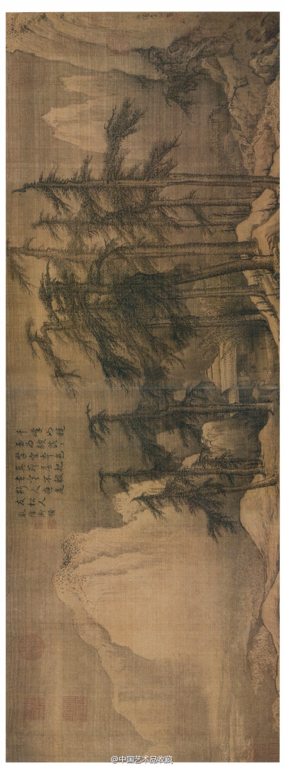 【 金 李山 《风雪松杉图》 】卷，绢本，水墨，淡设色，29.7×79.2cm，美国弗利尔美术馆藏。 此幅借鉴南宋马远之截景构图法，用树实山虚手法渲染风雪黄昏迷离之景。图中一排劲松顶天立地，犹如一天然屏嶂，背景雪山寒…