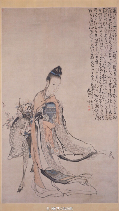 【 清 黄慎 《麻姑仙像》 】轴，纸本设色，176×105.3cm，北京故宫藏。 黄慎画人物风格独特。在其粗犷的笔墨下，即使是仙道人物也平添了几分豪放的气质。此幅麻姑像体现出画家绘写人物的典型风格，以草书笔法画衣纹，…